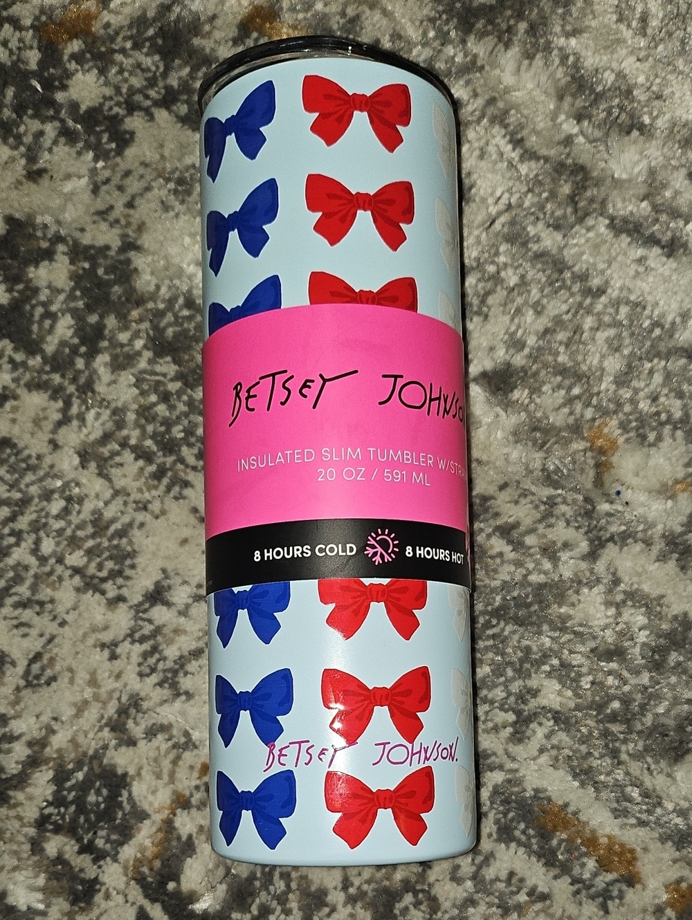 Betsey Johnson Insulated Slim Tumbler Red & Blue Bow Design 20oz